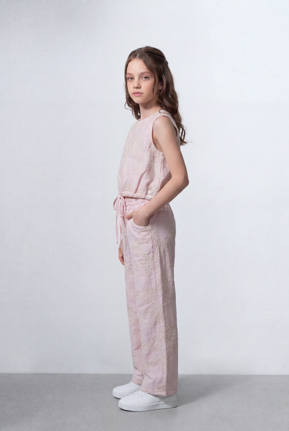 Girl's Tomato Store Linen Textured Outfit Set Sleeveless Top Elastic Waist Detail Embossed Fabric Pattern