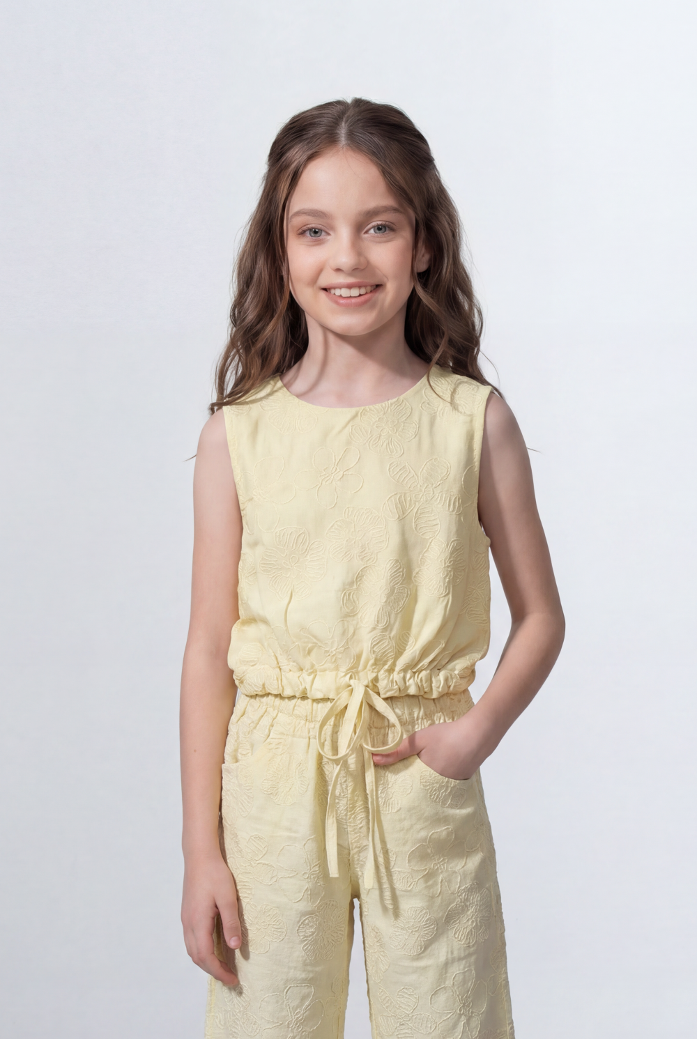 Girl's Tomato Store Linen Textured Outfit Set Sleeveless Top Elastic Waist Detail Embossed Fabric Pattern