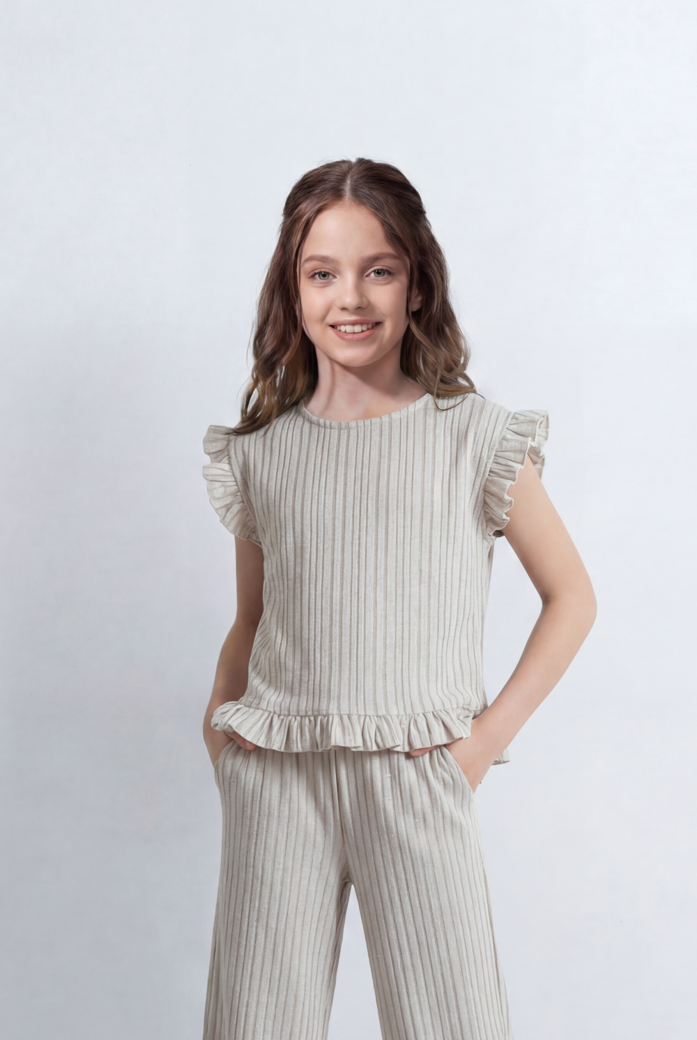 Girl's Tomato Store Ribbed Co-Ord Set Matching Ruffle Vertical Texture Design Frill Shoulder Out fit