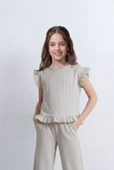 Girl's Tomato Store Ribbed Co-Ord Set Matching Ruffle Vertical Texture Design Frill Shoulder Out fit