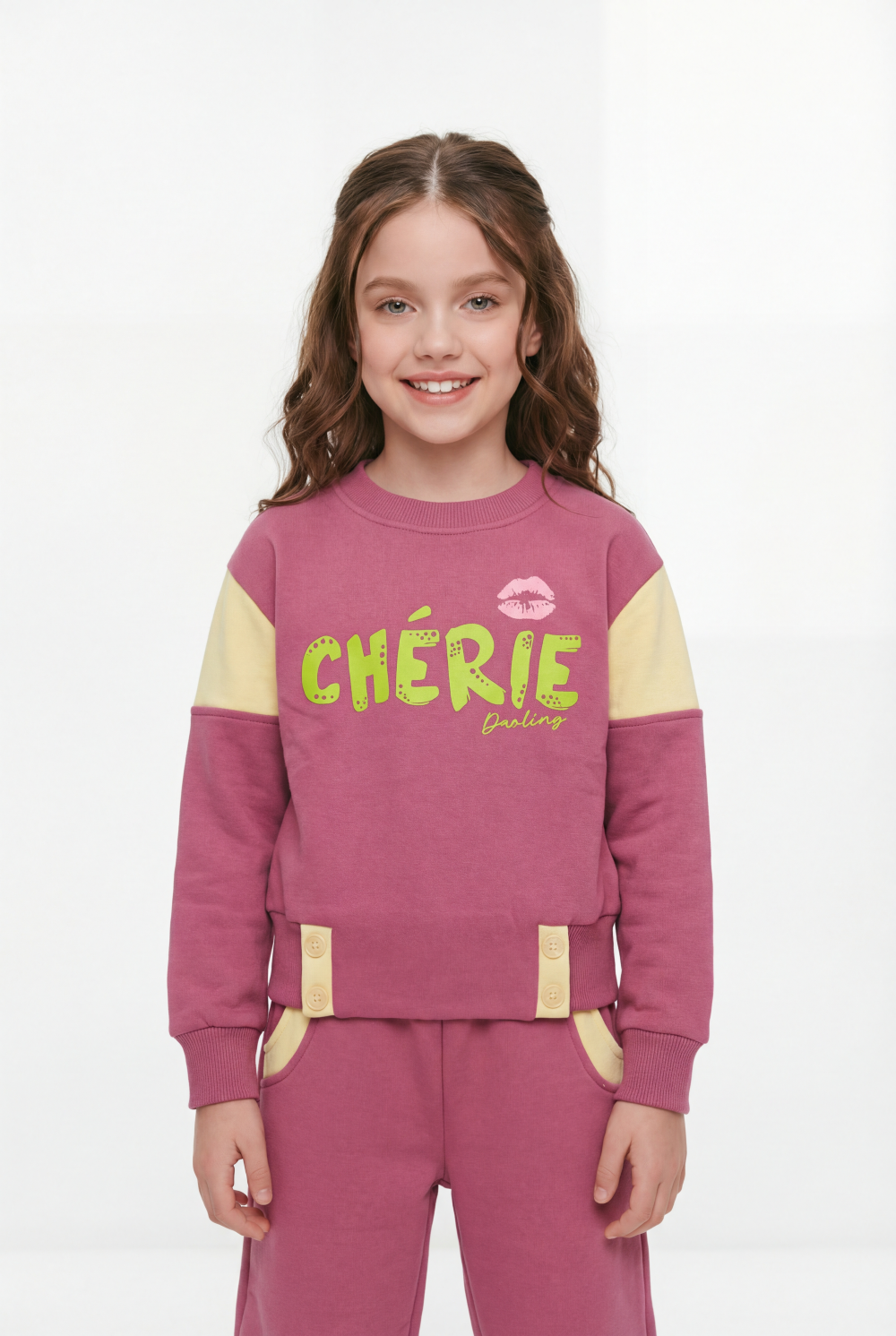 Girl's Two-Piece Set Vibrant Color Block Design Crew Neck Playful Graphic Print Cozy Warmth Trendy Slim Fit Melton Outfit