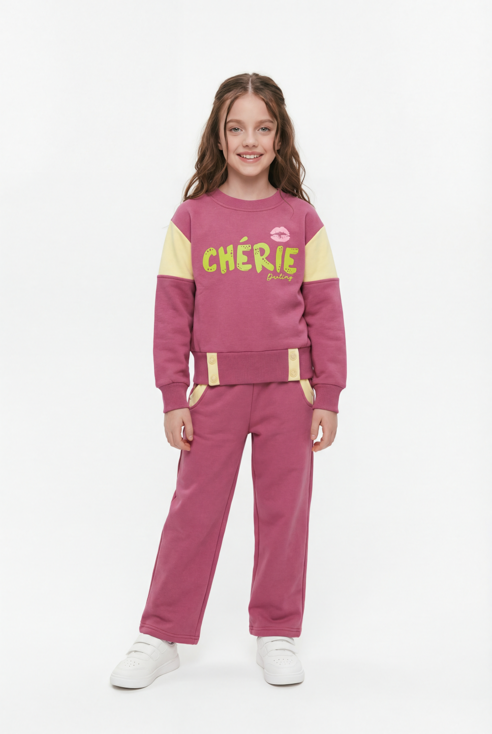 Girl's Two-Piece Set Vibrant Color Block Design Crew Neck Playful Graphic Print Cozy Warmth Trendy Slim Fit Melton Outfit