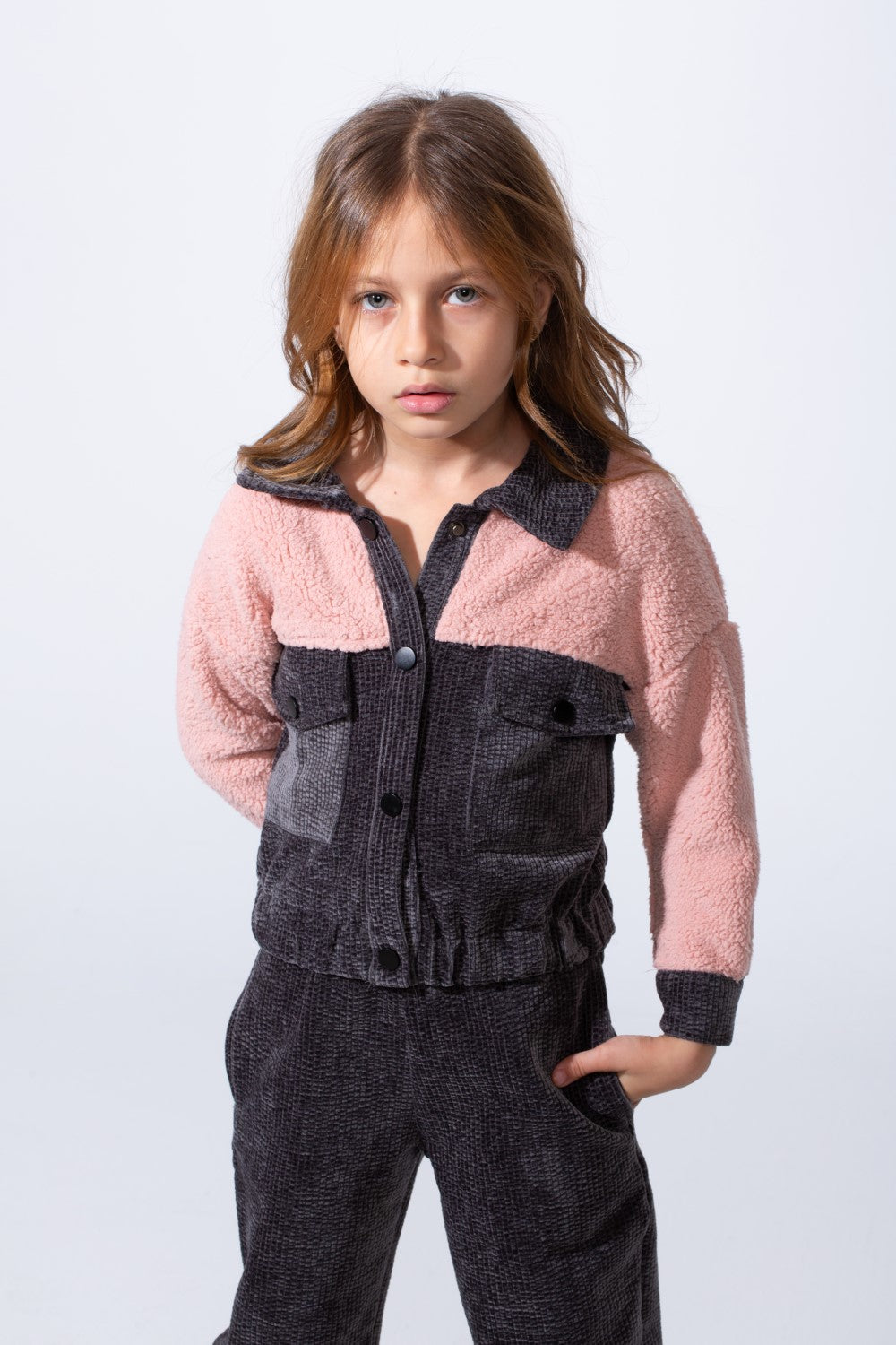 Girl's Two-Pieces With Mix Textured Fabric Classics Collar Button Down Two Chest Pockets Trendy Layered Modern Outfit