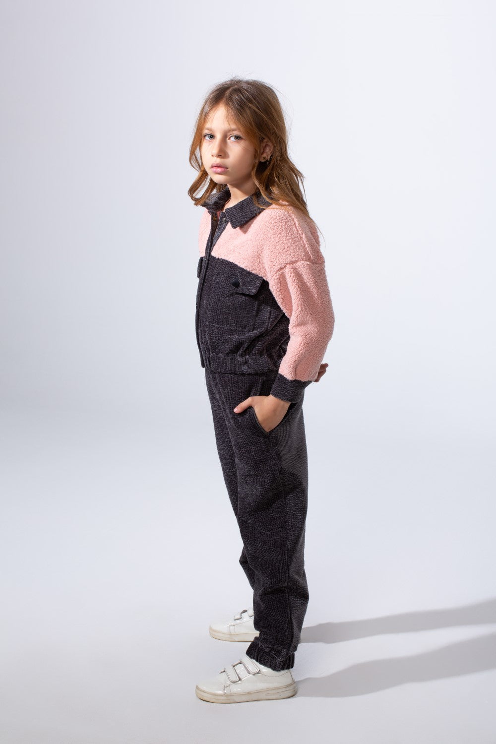 Girl's Two-Pieces With Mix Textured Fabric Classics Collar Button Down Two Chest Pockets Trendy Layered Modern Outfit