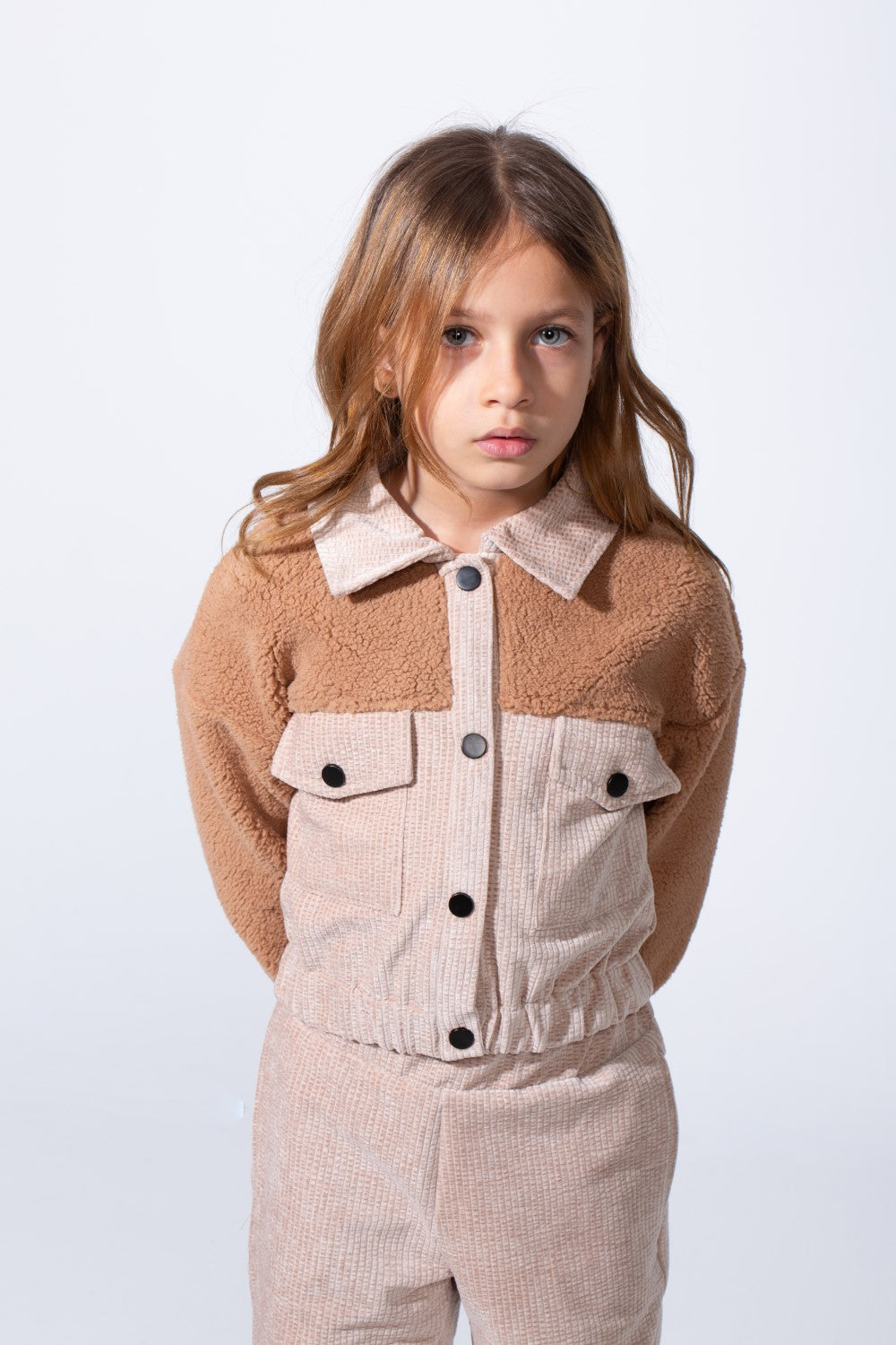 Girl's Two-Pieces With Mix Textured Fabric Classics Collar Button Down Two Chest Pockets Trendy Layered Modern Outfit