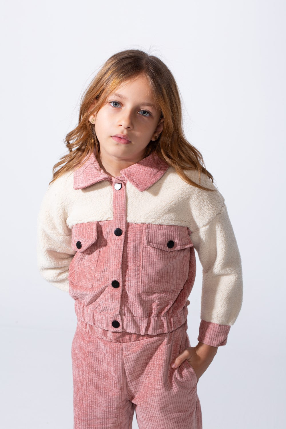 Girl's Two-Pieces With Mix Textured Fabric Classics Collar Button Down Two Chest Pockets Trendy Layered Modern Outfit