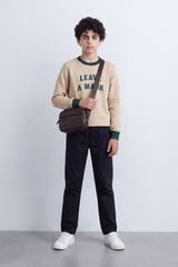 Boy's Tomato Store Winter Melton Sweatshirt Slim Fit Leave Mark Front Typography