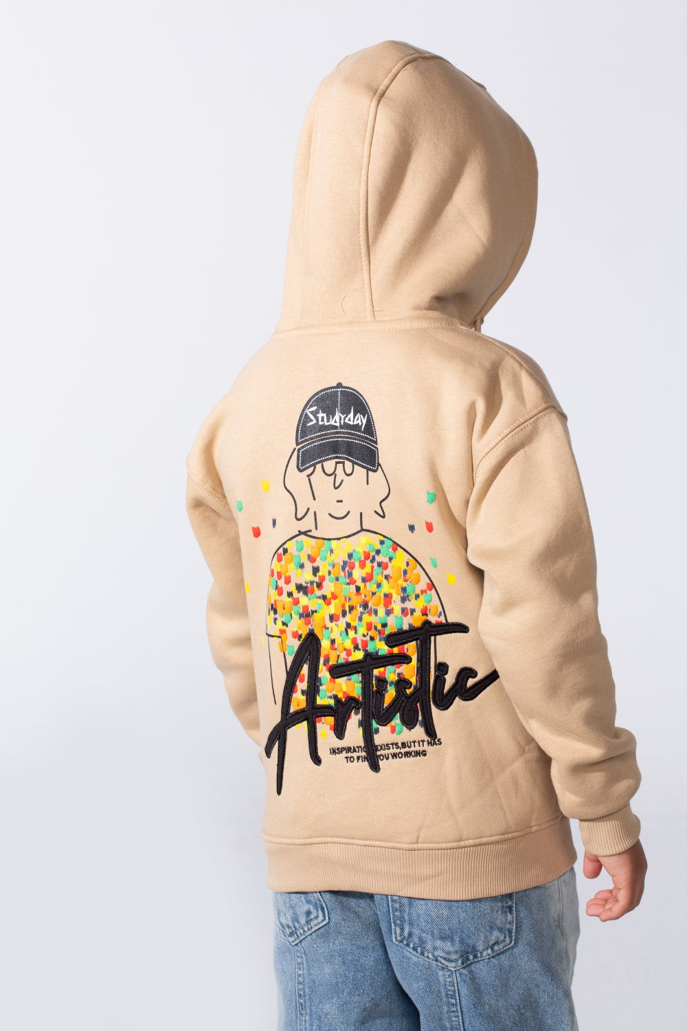 Boy's Zip-Up Back Artistic Print Long Sleeve Oversize Melton Hood Sweatshirt