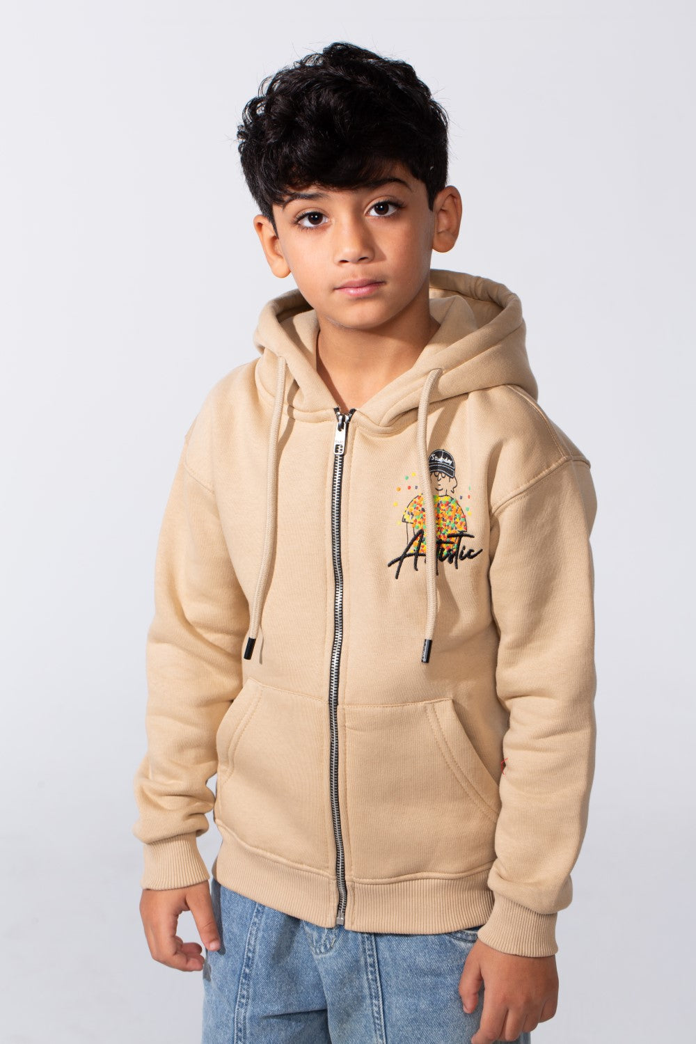 Boy's Zip-Up Back Artistic Print Long Sleeve Oversize Melton Hood Sweatshirt