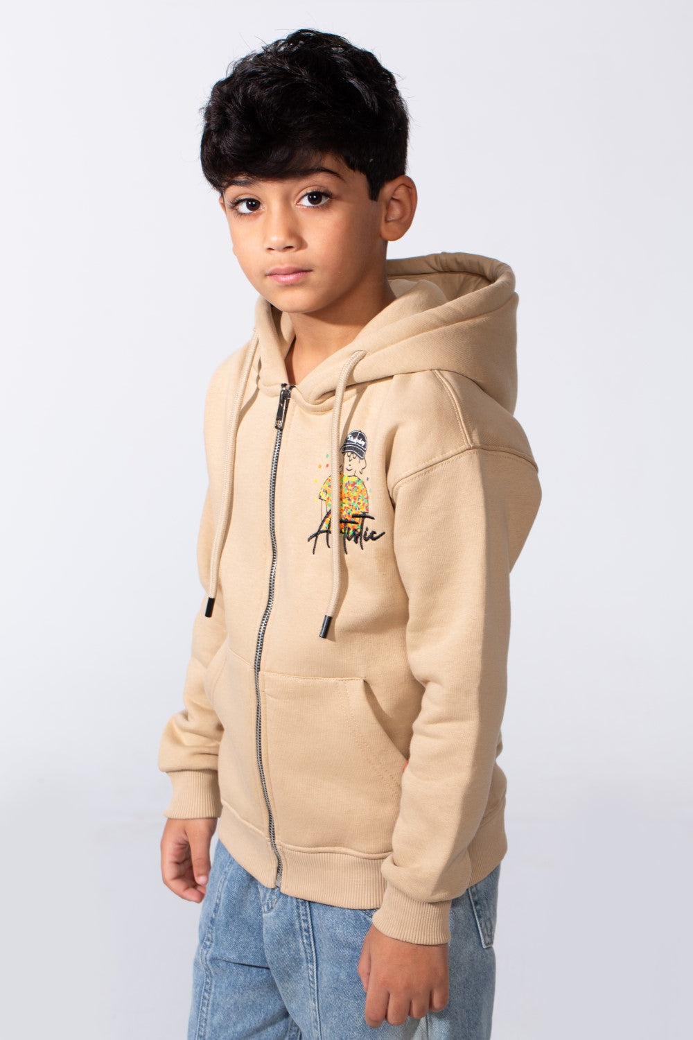 Boy's Zip-Up Back Artistic Print Long Sleeve Oversize Melton Hood Sweatshirt
