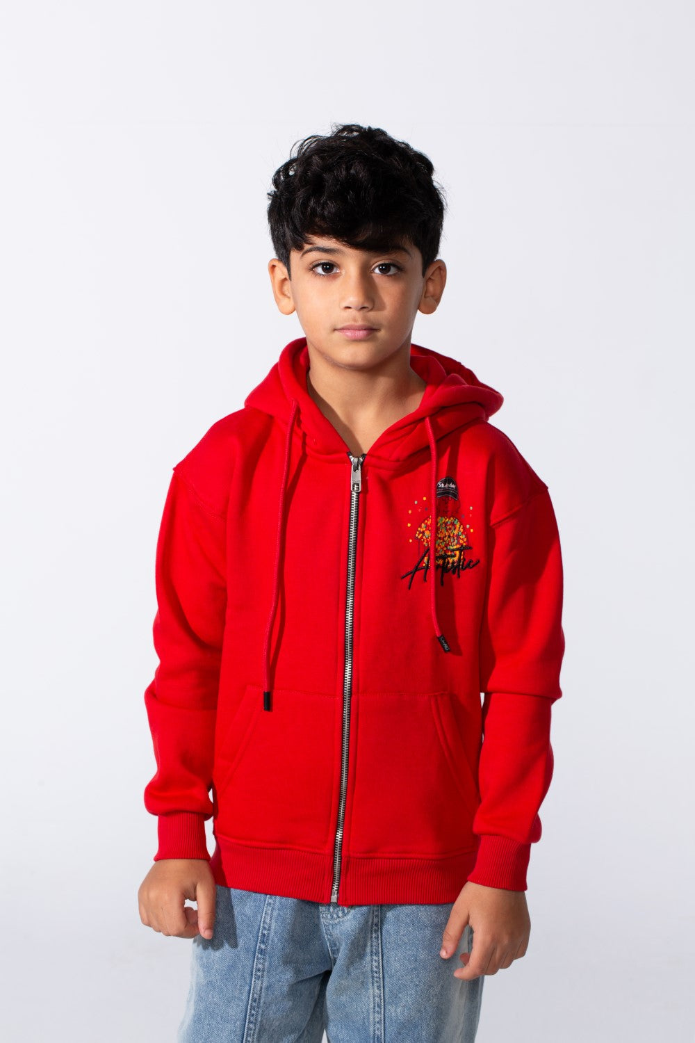 Boy's Zip-Up Back Artistic Print Long Sleeve Oversize Melton Hood Sweatshirt