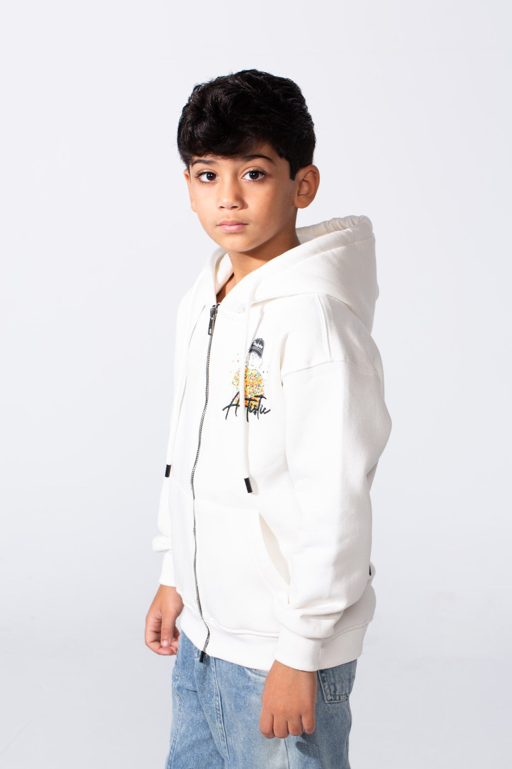 Boy's Zip-Up Back Artistic Print Long Sleeve Oversize Melton Hood Sweatshirt