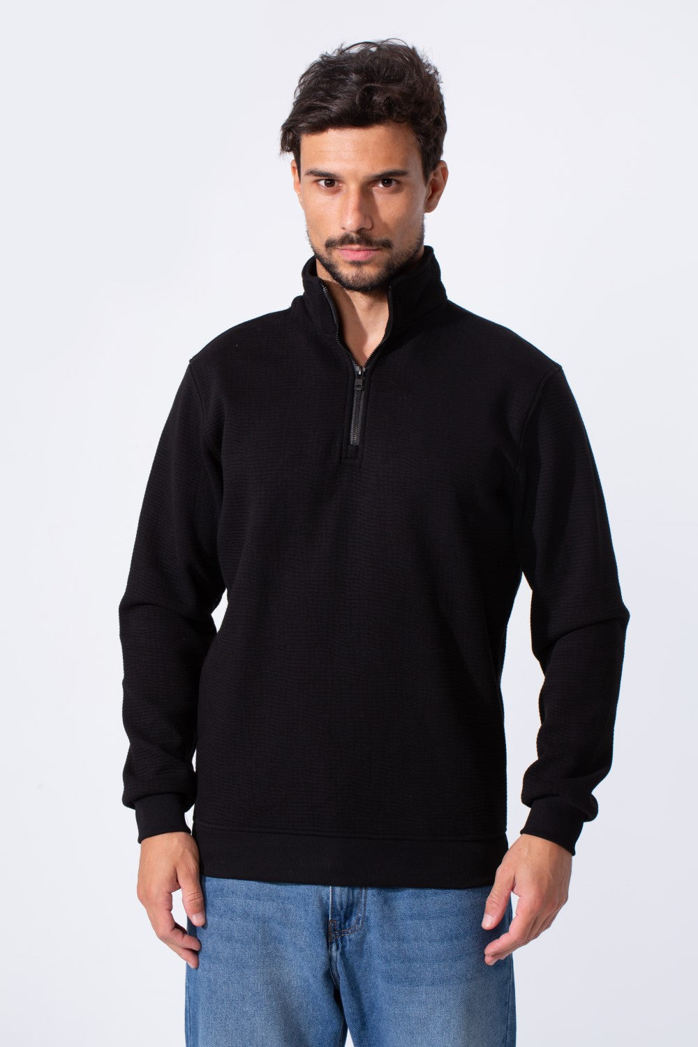 Men's Quarter-Zip Mock Neck Sweatshirt Detailed Tomato Store With Elasticated Cuffs And Ham