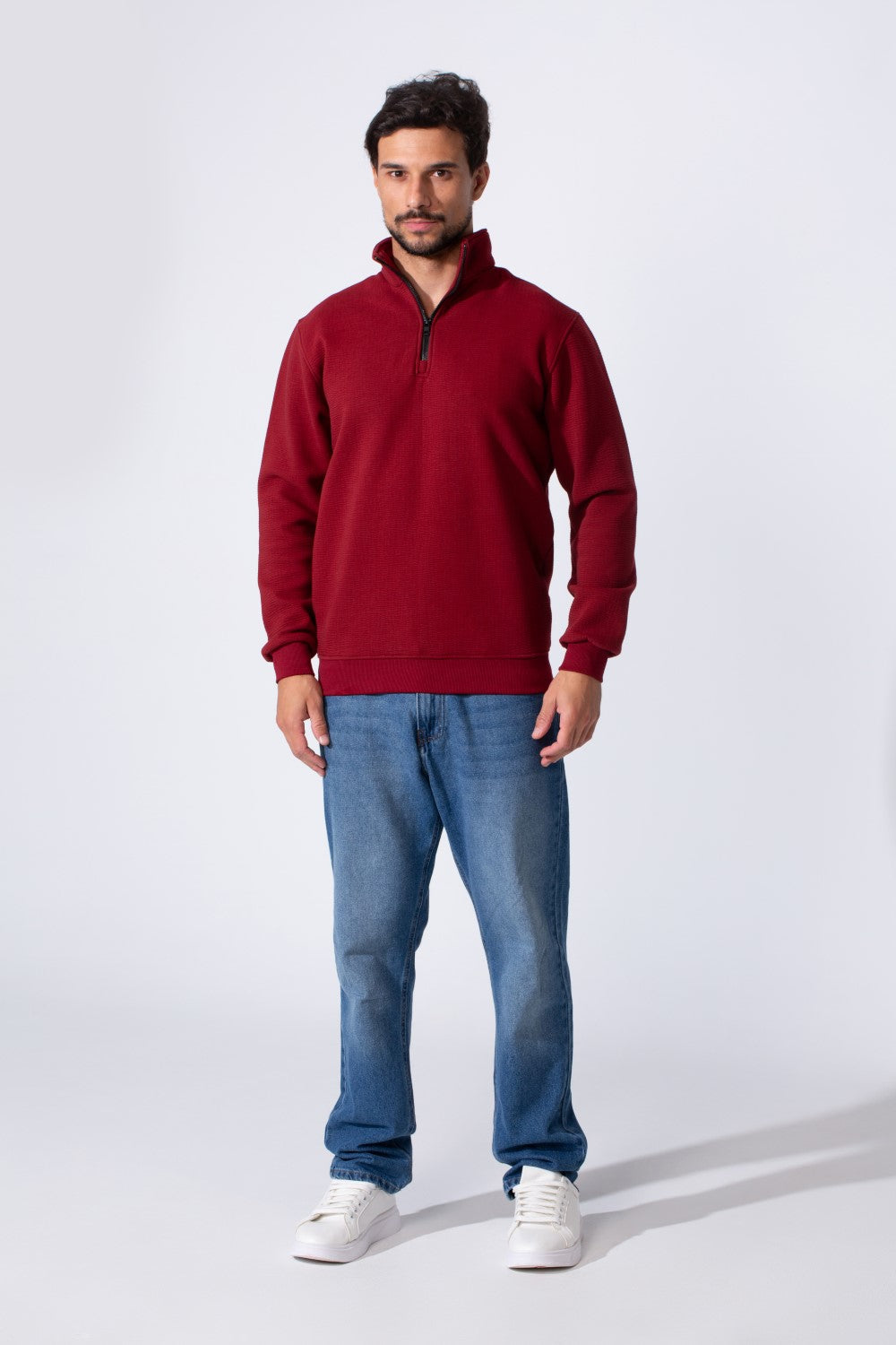 Men's Quarter-Zip Mock Neck Sweatshirt Detailed Tomato Store With Elasticated Cuffs And Ham