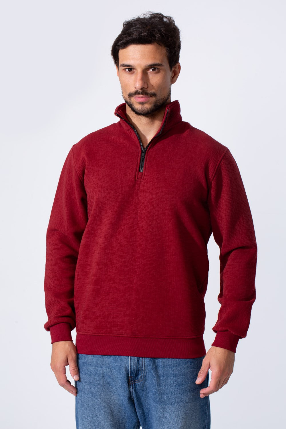 Men's Quarter-Zip Mock Neck Sweatshirt Detailed Tomato Store With Elasticated Cuffs And Ham
