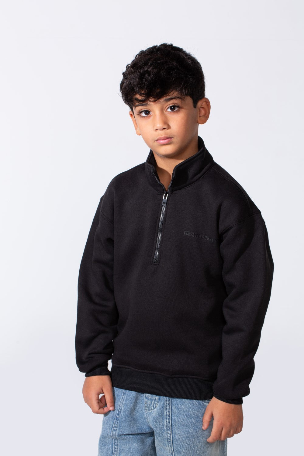Boy's High Nick Half Zip With Back Text Print Oversize Comfy Daily Wear Casual Sweatshirt