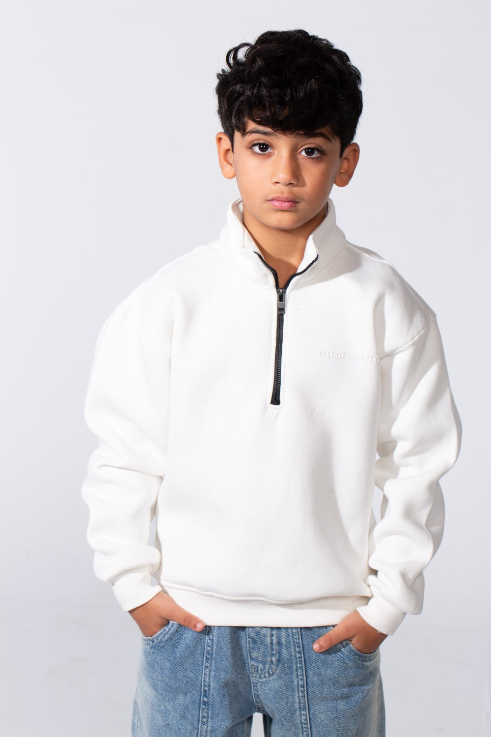 Boy's High Nick Half Zip With Back Text Print Oversize Comfy Daily Wear Casual Sweatshirt