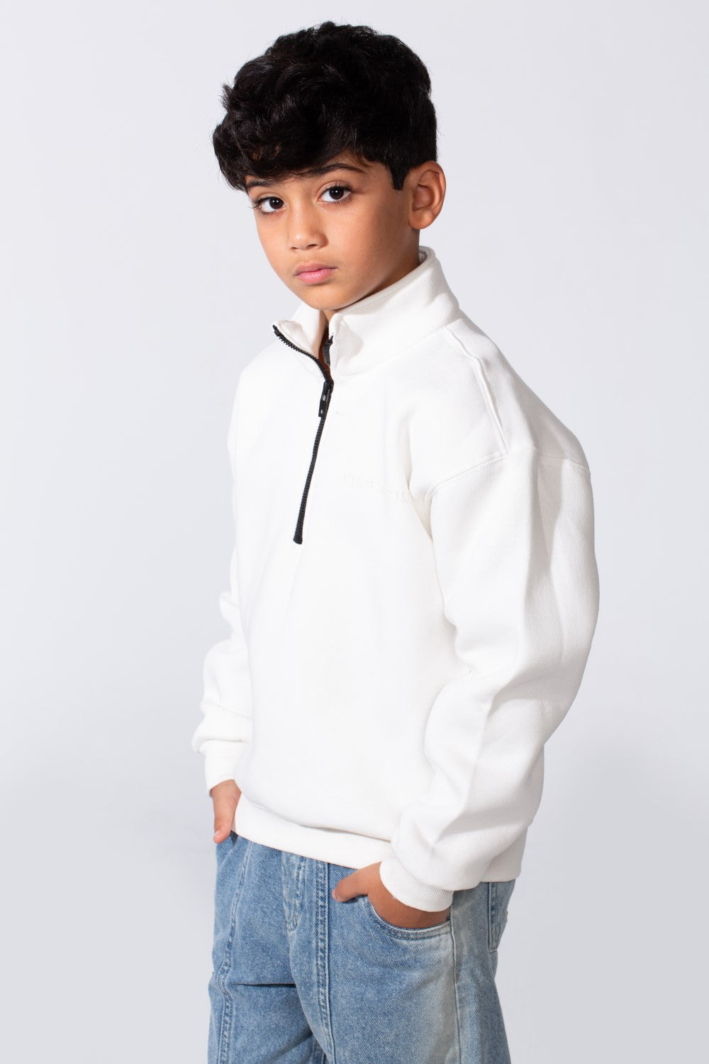 Boy's High Nick Half Zip With Back Text Print Oversize Comfy Daily Wear Casual Sweatshirt