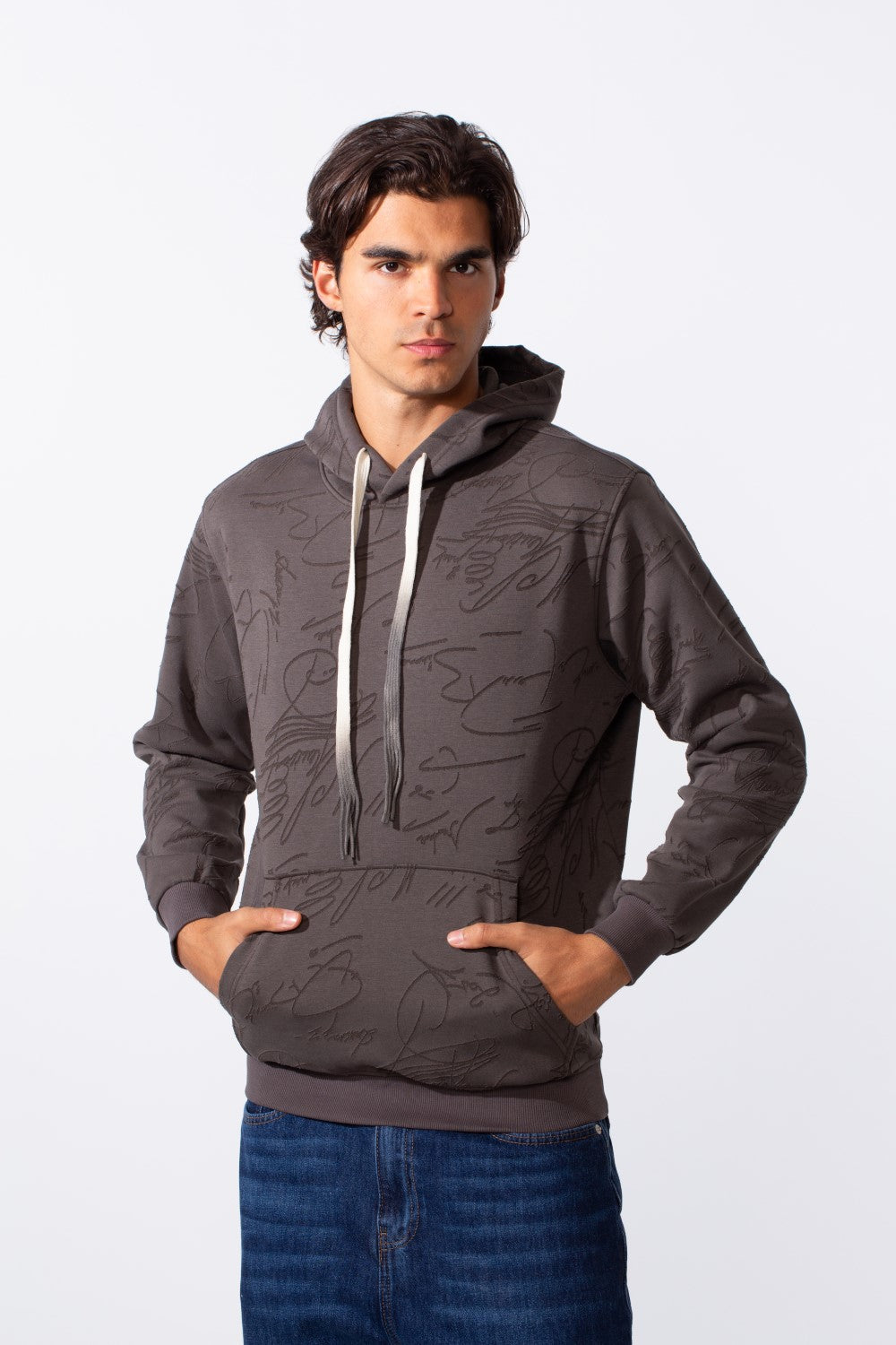 Men's Tonal Abstract Line Print Slim Fit Hood Sweatshirt