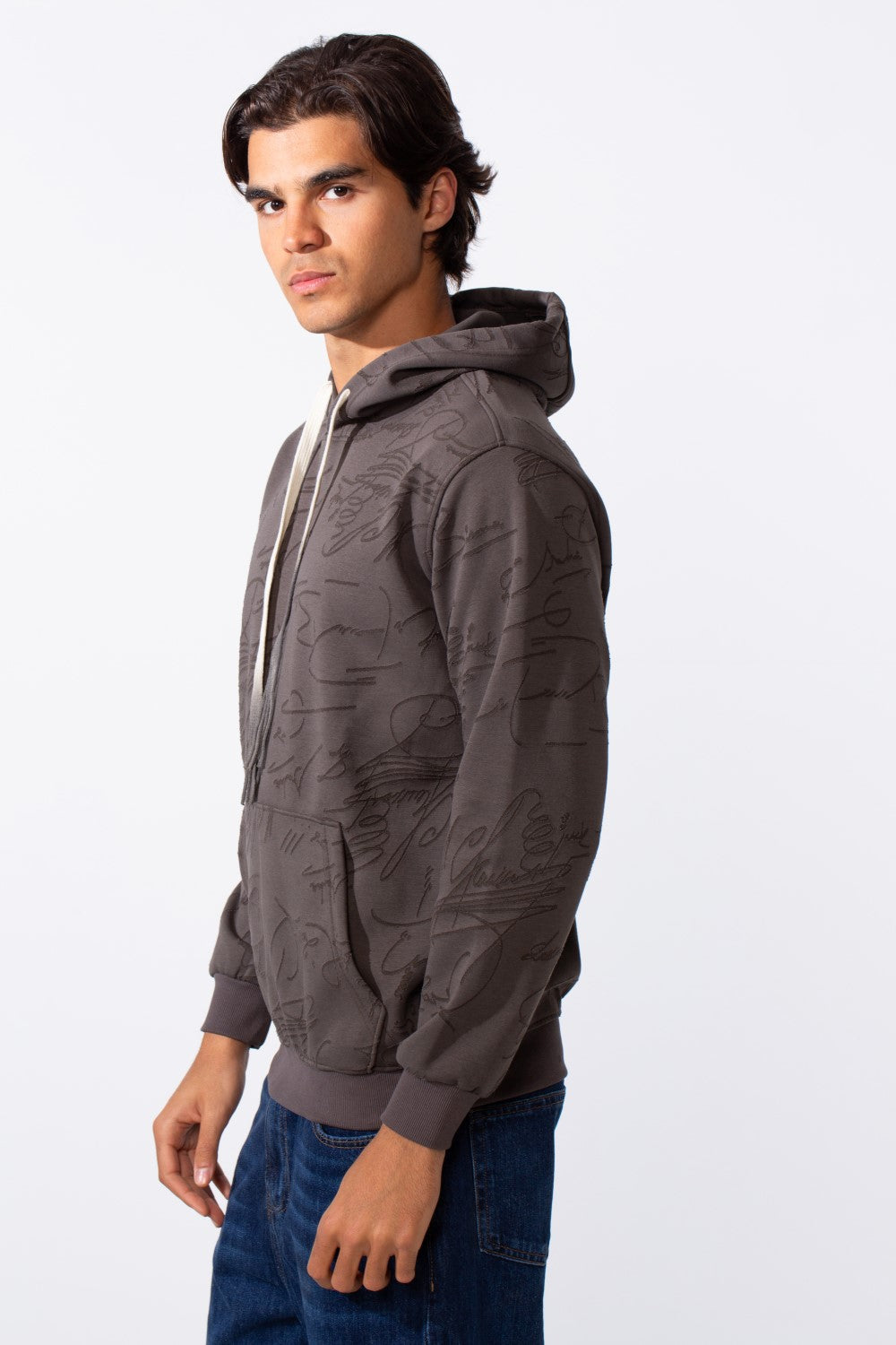 Men's Tonal Abstract Line Print Slim Fit Hood Sweatshirt