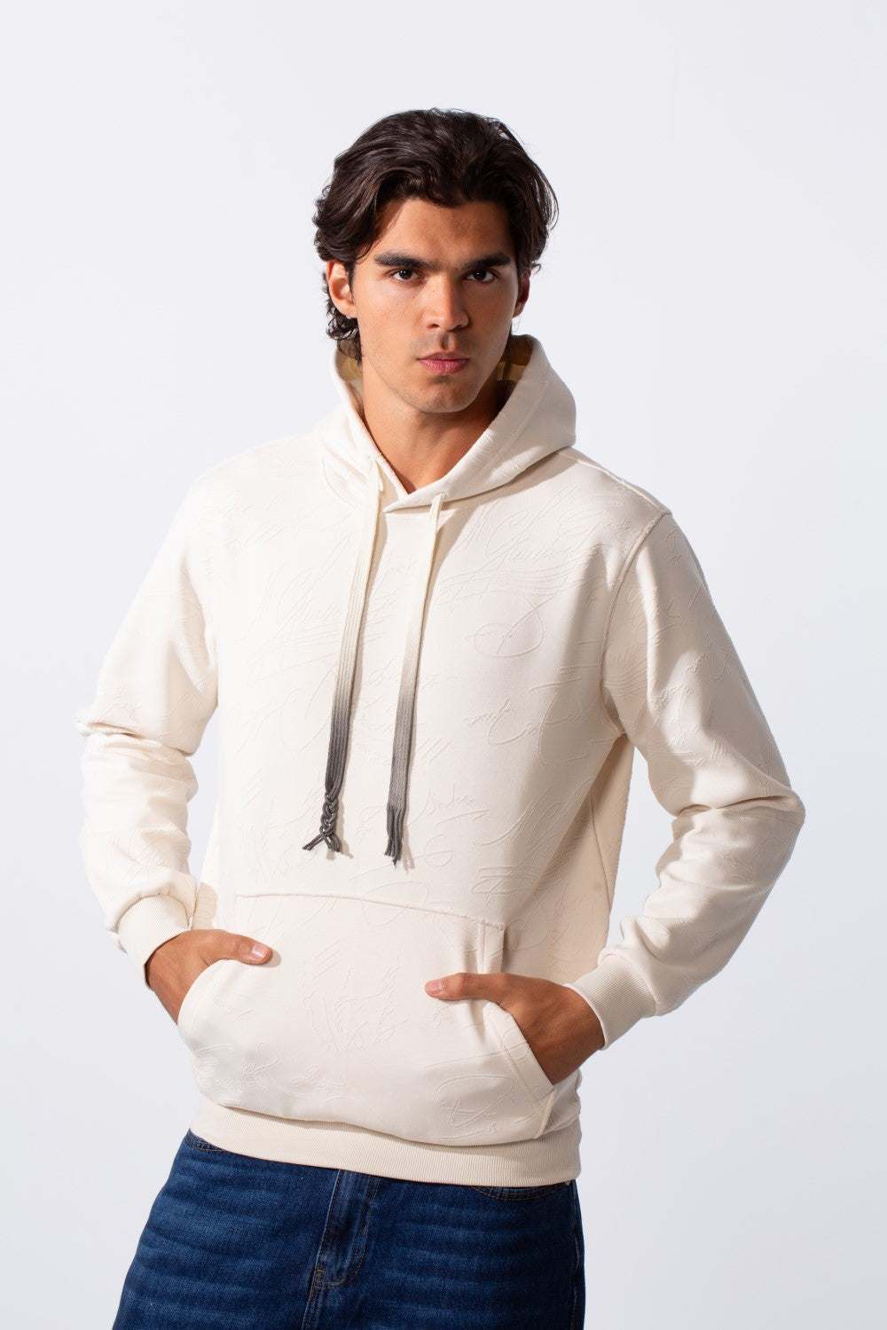 Men's Tonal Abstract Line Print Slim Fit Hood Sweatshirt