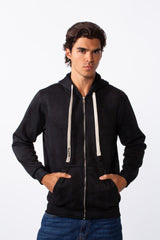 Men's washed effect slim fit full zip hood sweatshirt in black with white drawstrings.