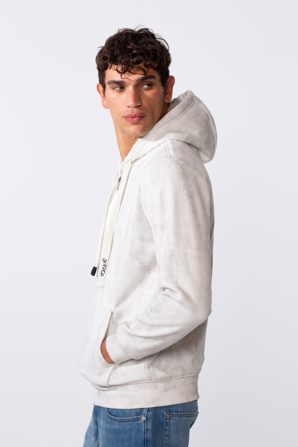 Men's slim fit full zip hoodie in a white washed effect fabric with a drawstring hood.