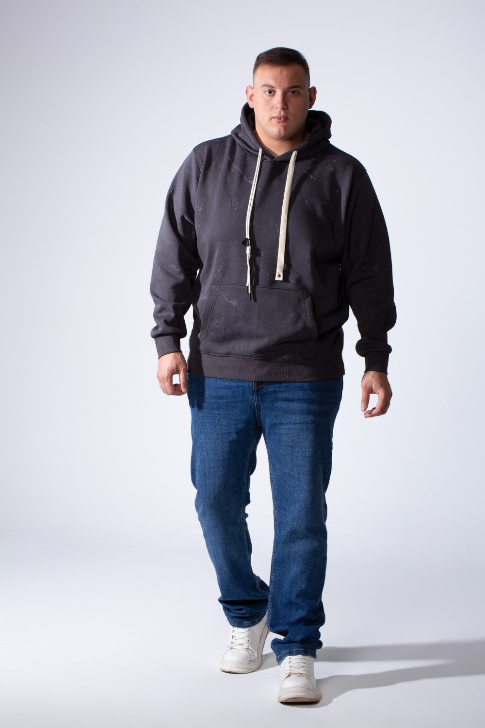 Men's Long Sleeve With Unique Marble Pattern Front Kangaroo Pocket Comfortable Big Size Hooded Sweatshirt