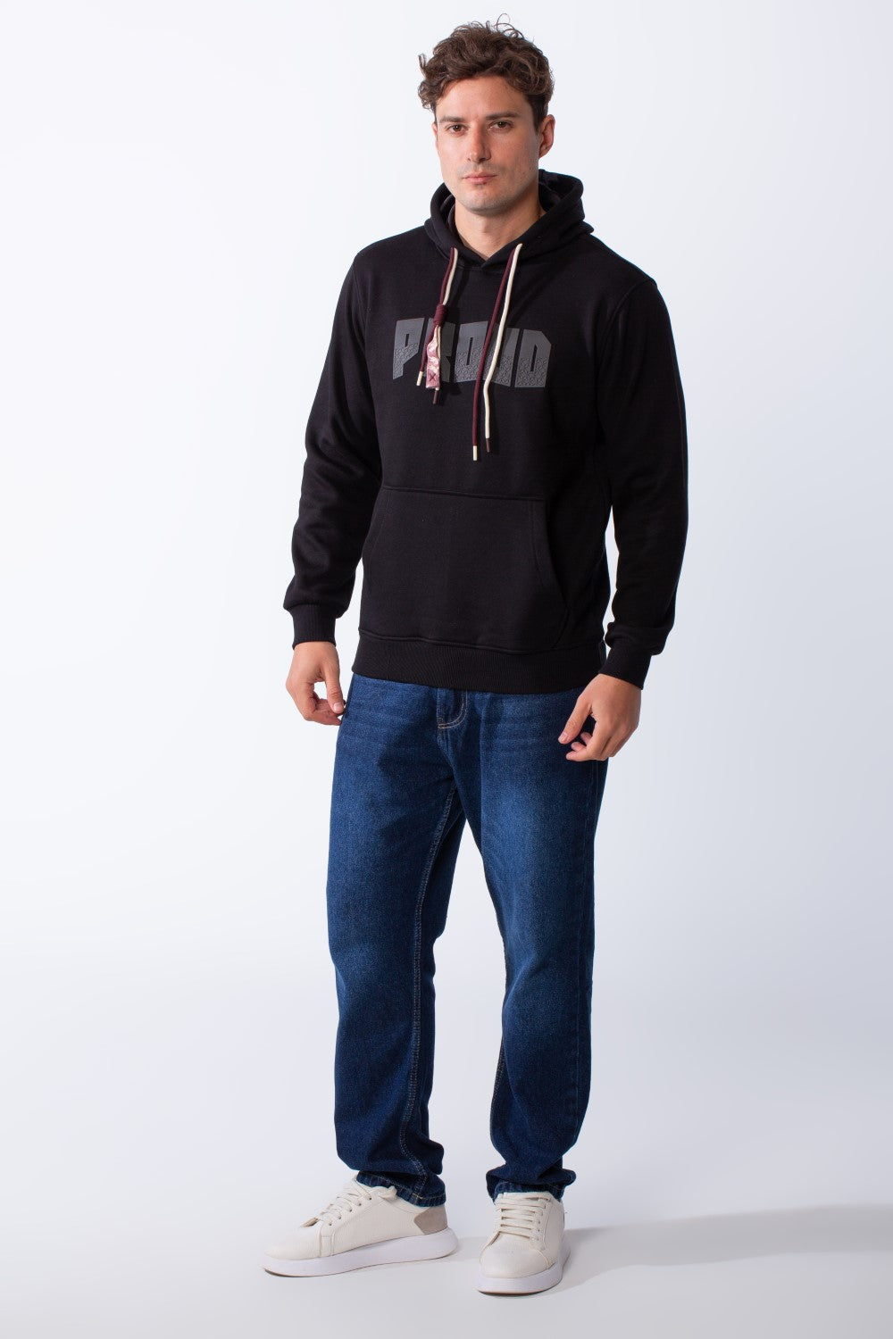 Men's Kangaroo Pockets Bold Text Chest Print Long Sleeves Slim Fit Hooded Daily Wear Comfy Sweatshirt