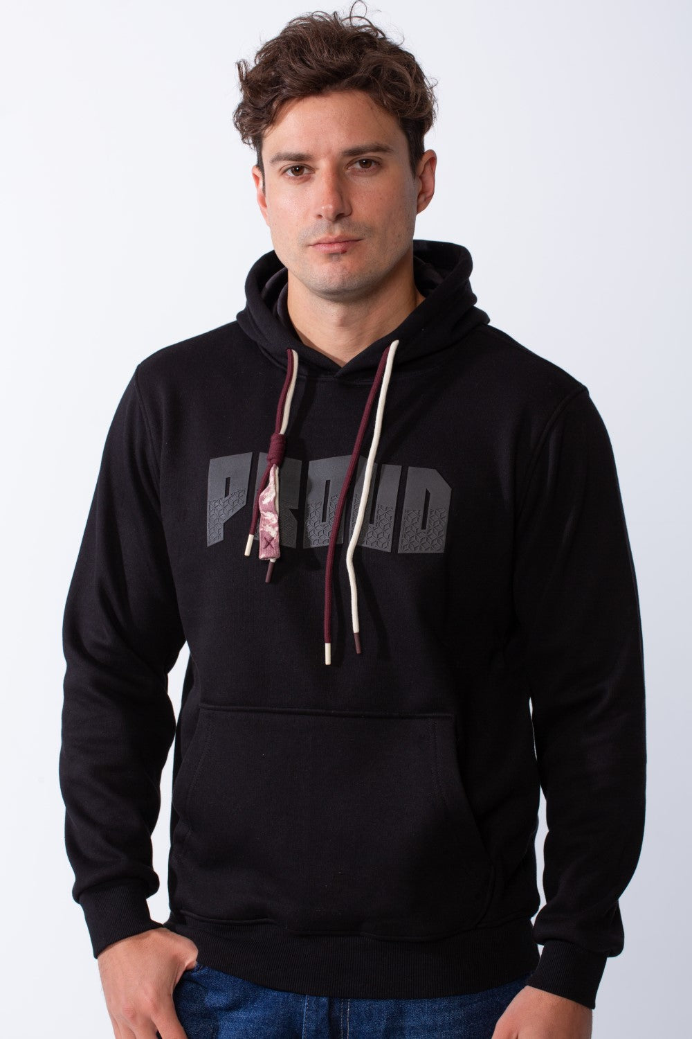 Men's Kangaroo Pockets Bold Text Chest Print Long Sleeves Slim Fit Hooded Daily Wear Comfy Sweatshirt