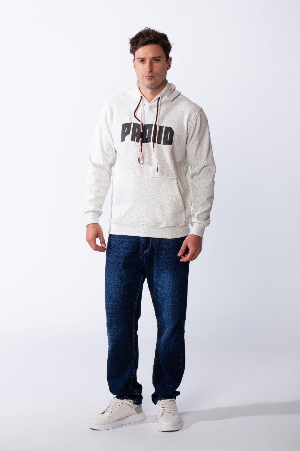Men's Kangaroo Pockets Bold Text Chest Print Long Sleeves Slim Fit Hooded Daily Wear Comfy Sweatshirt