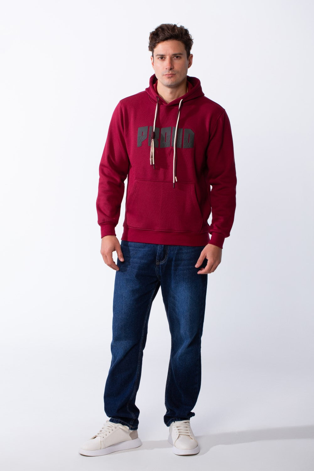 Men's Kangaroo Pockets Bold Text Chest Print Long Sleeves Slim Fit Hooded Daily Wear Comfy Sweatshirt