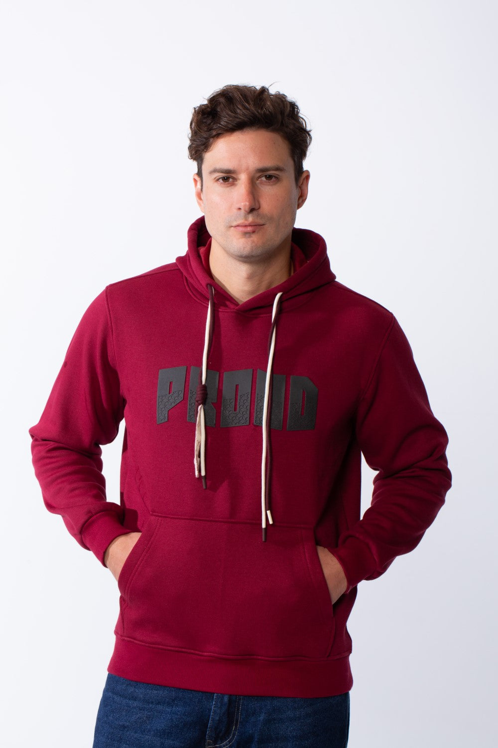 Men's Kangaroo Pockets Bold Text Chest Print Long Sleeves Slim Fit Hooded Daily Wear Comfy Sweatshirt