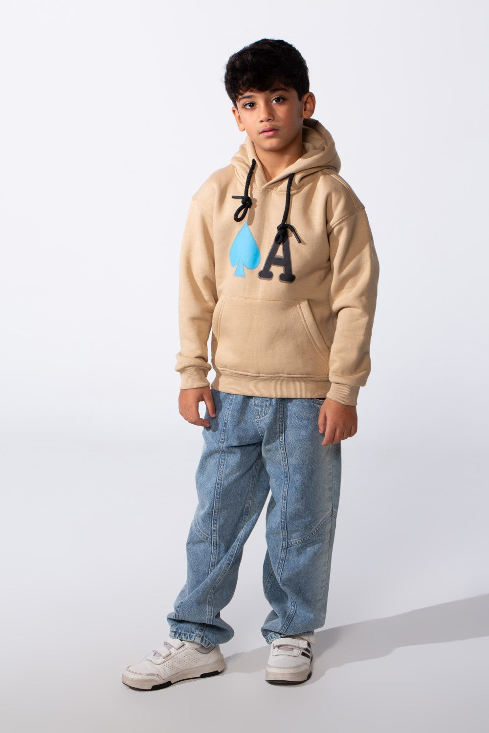 Boy's Long Sleeve Kangaroo Pocket With Front Letter Print Oversize Soft Melton Fabric For Relaxed Fit Everyday Wear Hooded Sweatshirt