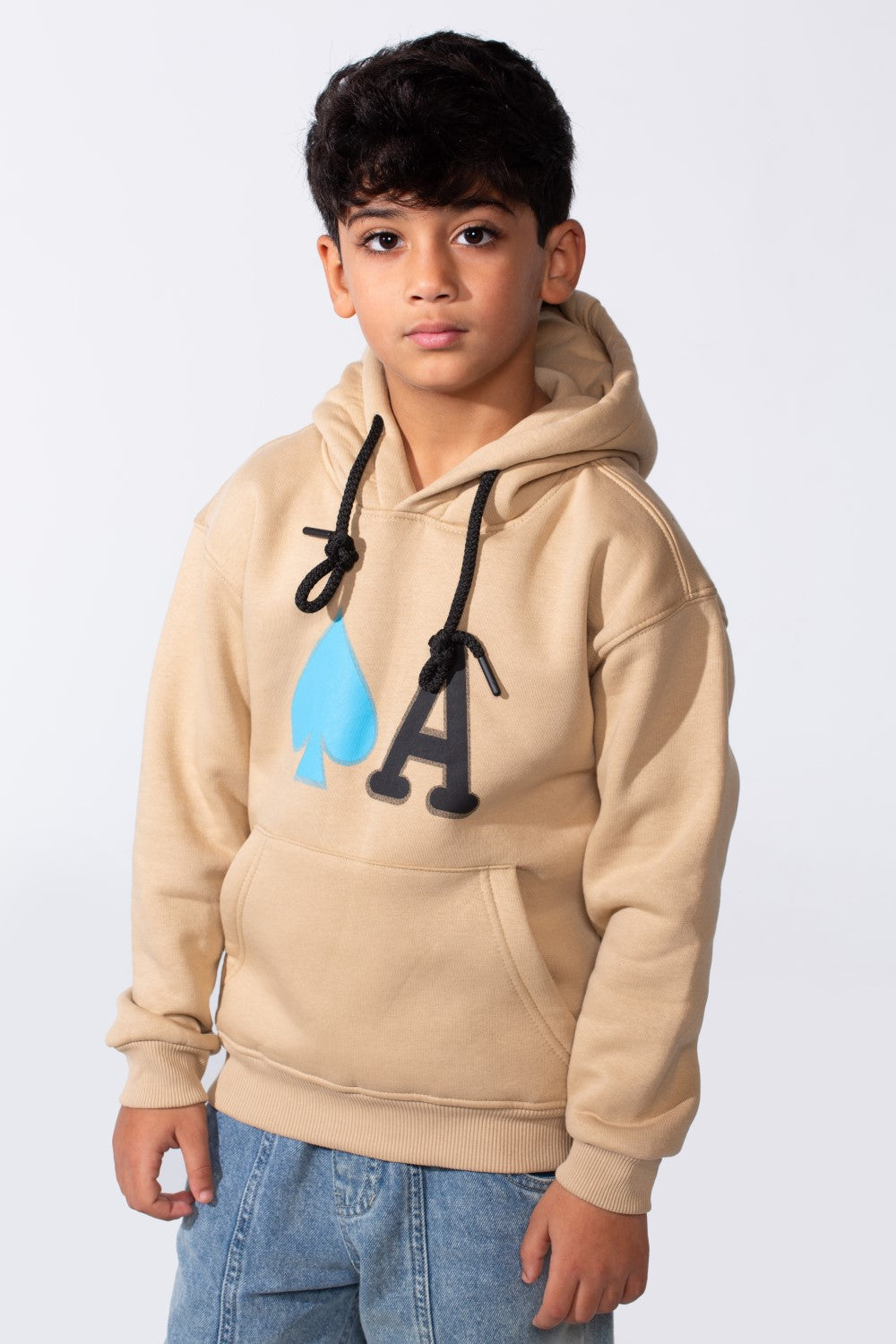 Boy's Long Sleeve Kangaroo Pocket With Front Letter Print Oversize Soft Melton Fabric For Relaxed Fit Everyday Wear Hooded Sweatshirt