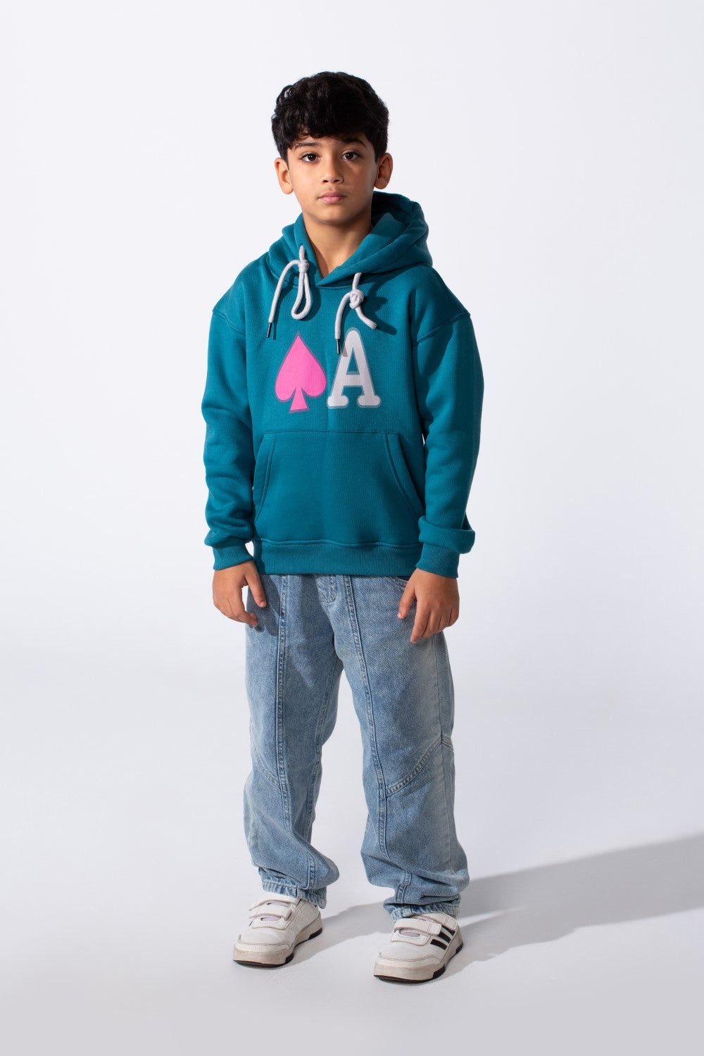 Boy's Long Sleeve Kangaroo Pocket With Front Letter Print Oversize Soft Melton Fabric For Relaxed Fit Everyday Wear Hooded Sweatshirt