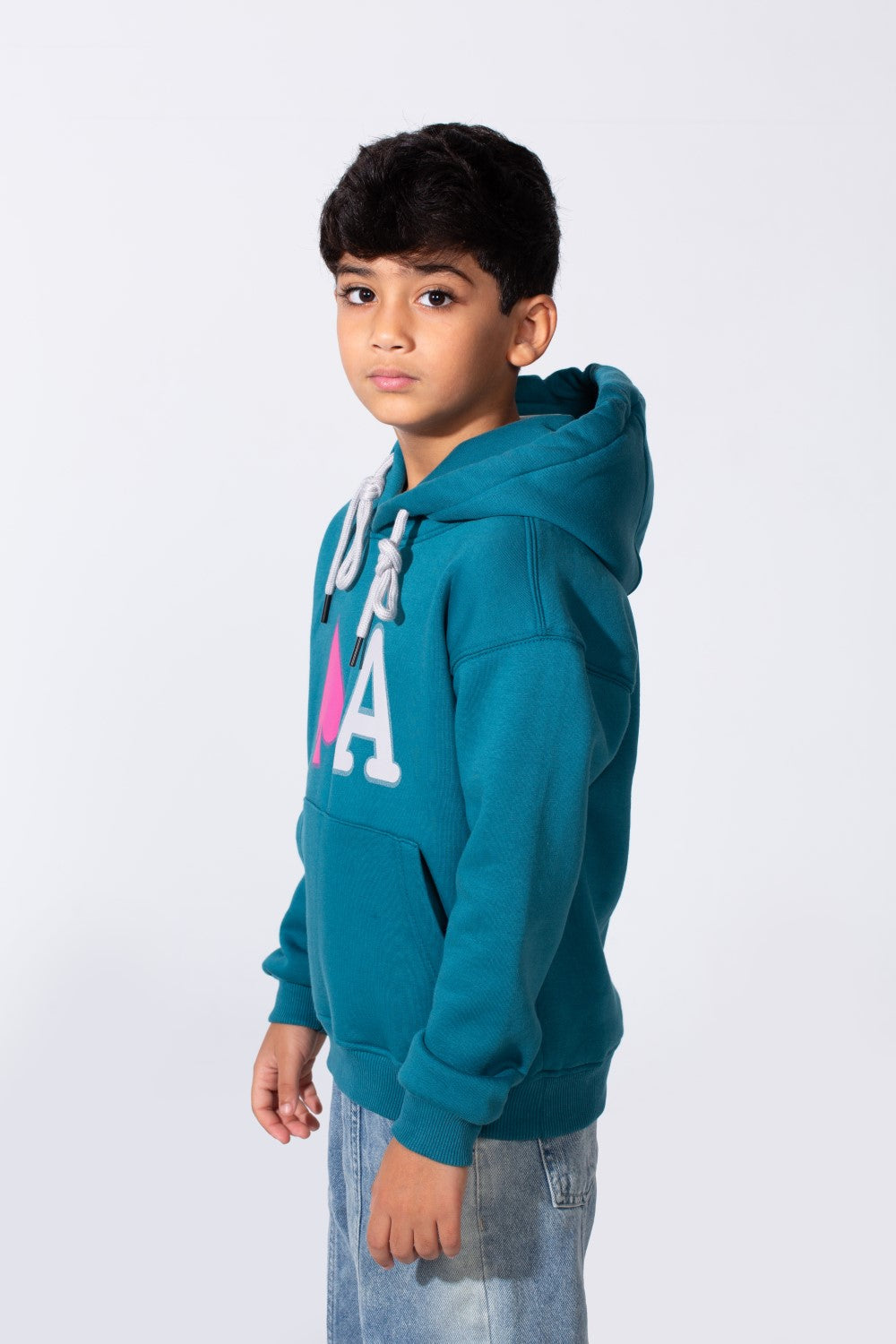 Boy's Long Sleeve Kangaroo Pocket With Front Letter Print Oversize Soft Melton Fabric For Relaxed Fit Everyday Wear Hooded Sweatshirt