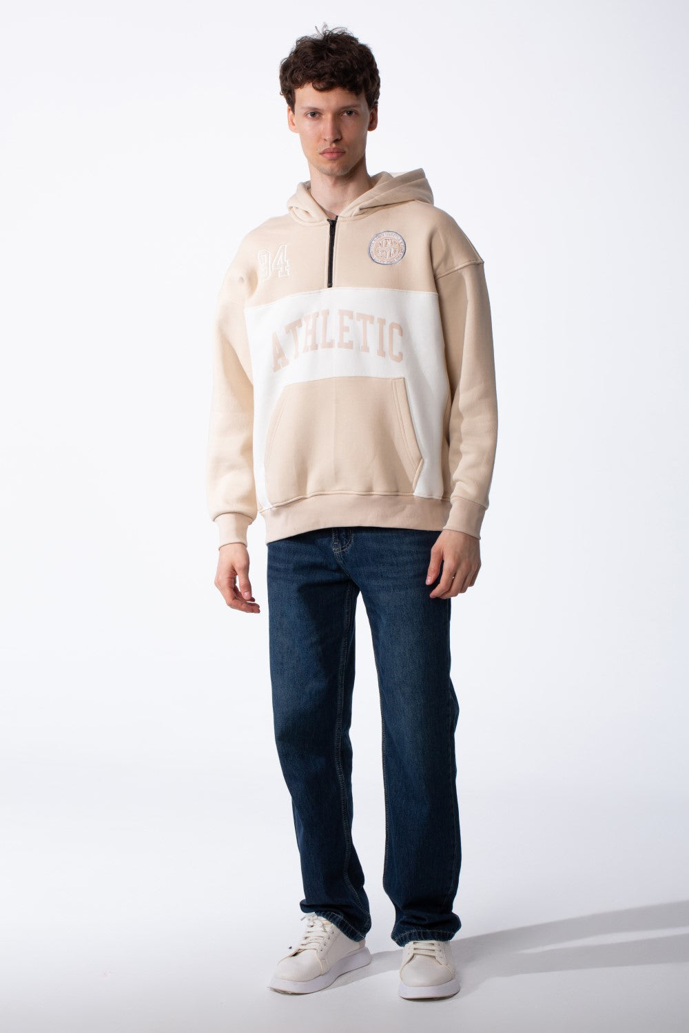 Men's Varsity Inspired Quarter Zip Bold Color Blocked Design Collegiate Style Graphics Mock-Neck Hood Kangaroo Pocket Over Sized Sweatshirt