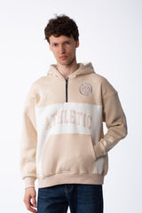 Men's Varsity Inspired Quarter Zip Bold Color Blocked Design Collegiate Style Graphics Mock-Neck Hood Kangaroo Pocket Over Sized Sweatshirt