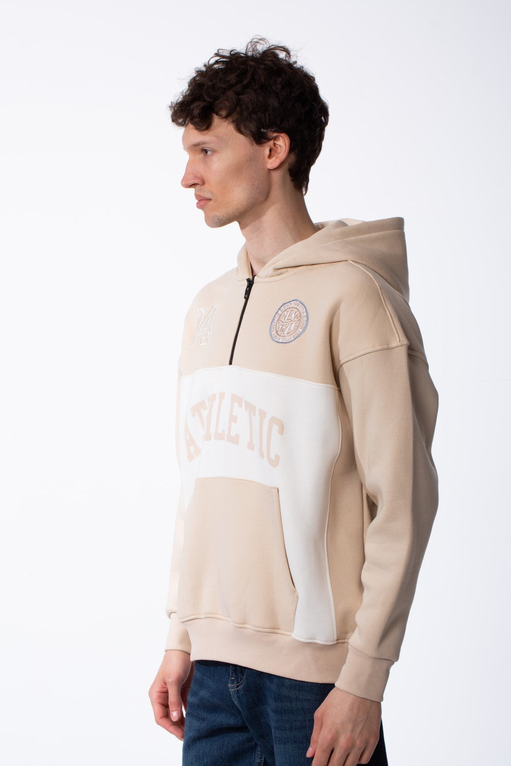 Men's Varsity Inspired Quarter Zip Bold Color Blocked Design Collegiate Style Graphics Mock-Neck Hood Kangaroo Pocket Over Sized Sweatshirt