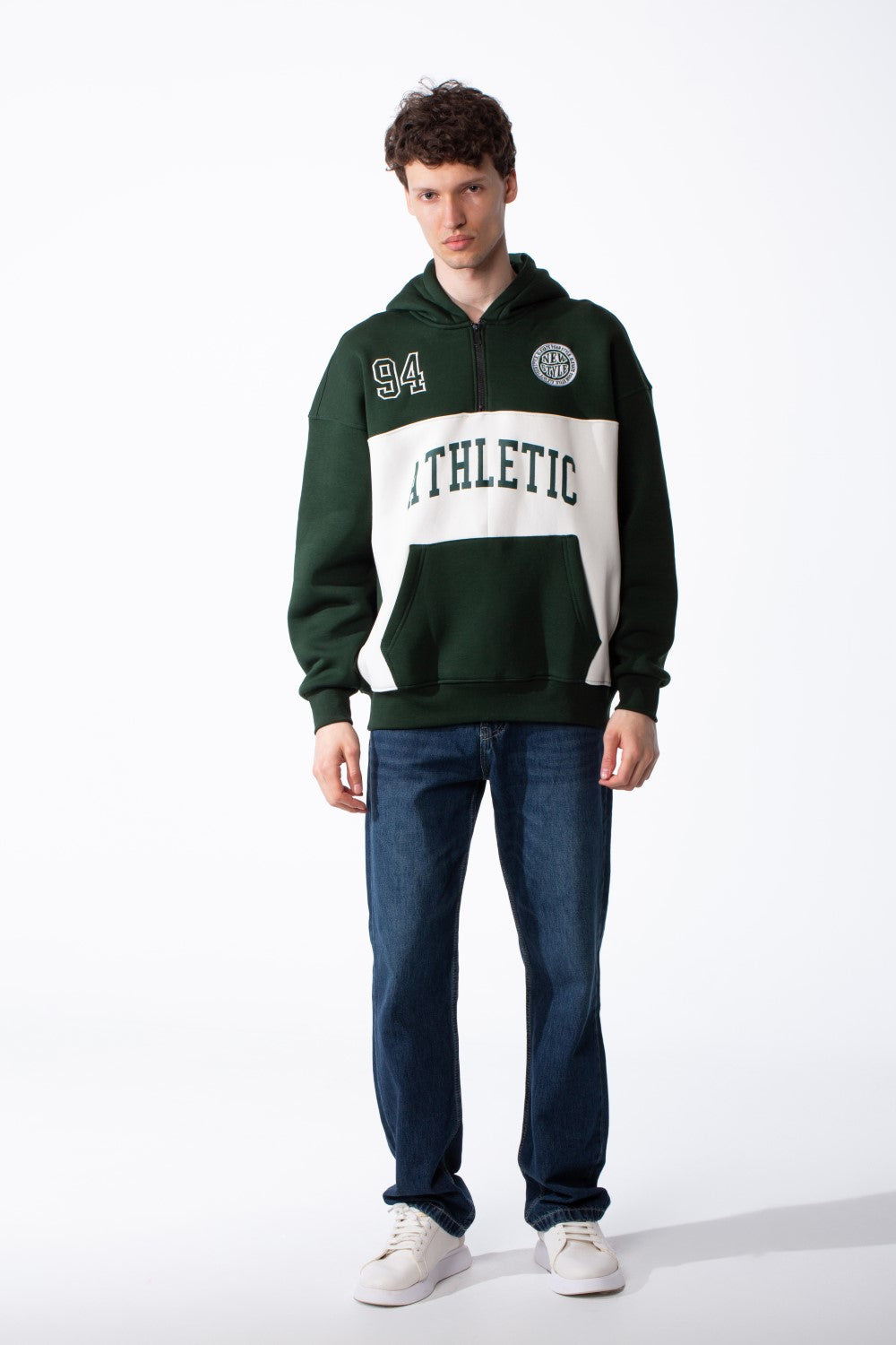 Men's Varsity Inspired Quarter Zip Bold Color Blocked Design Collegiate Style Graphics Mock-Neck Hood Kangaroo Pocket Over Sized Sweatshirt