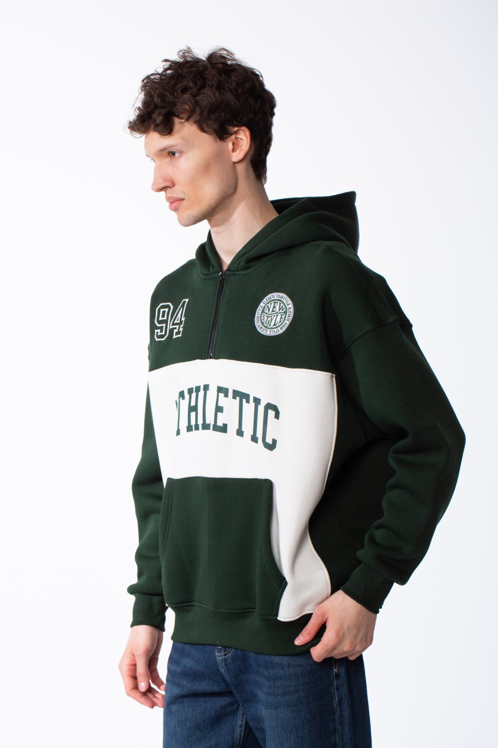 Men's Varsity Inspired Quarter Zip Bold Color Blocked Design Collegiate Style Graphics Mock-Neck Hood Kangaroo Pocket Over Sized Sweatshirt