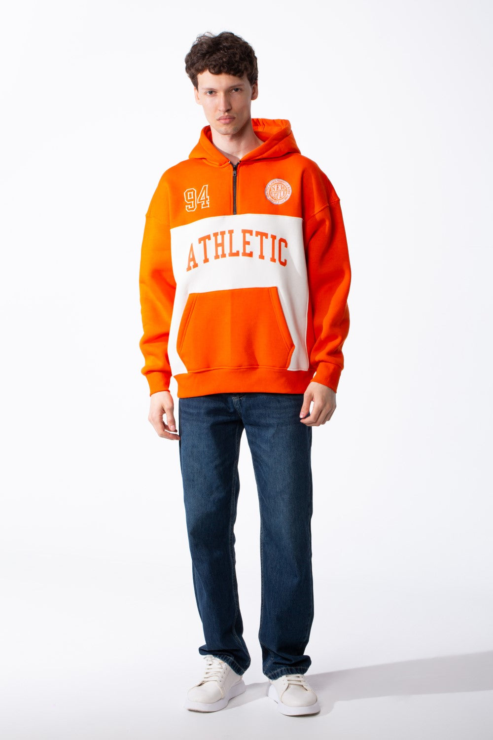 Men's Varsity Inspired Quarter Zip Bold Color Blocked Design Collegiate Style Graphics Mock-Neck Hood Kangaroo Pocket Over Sized Sweatshirt