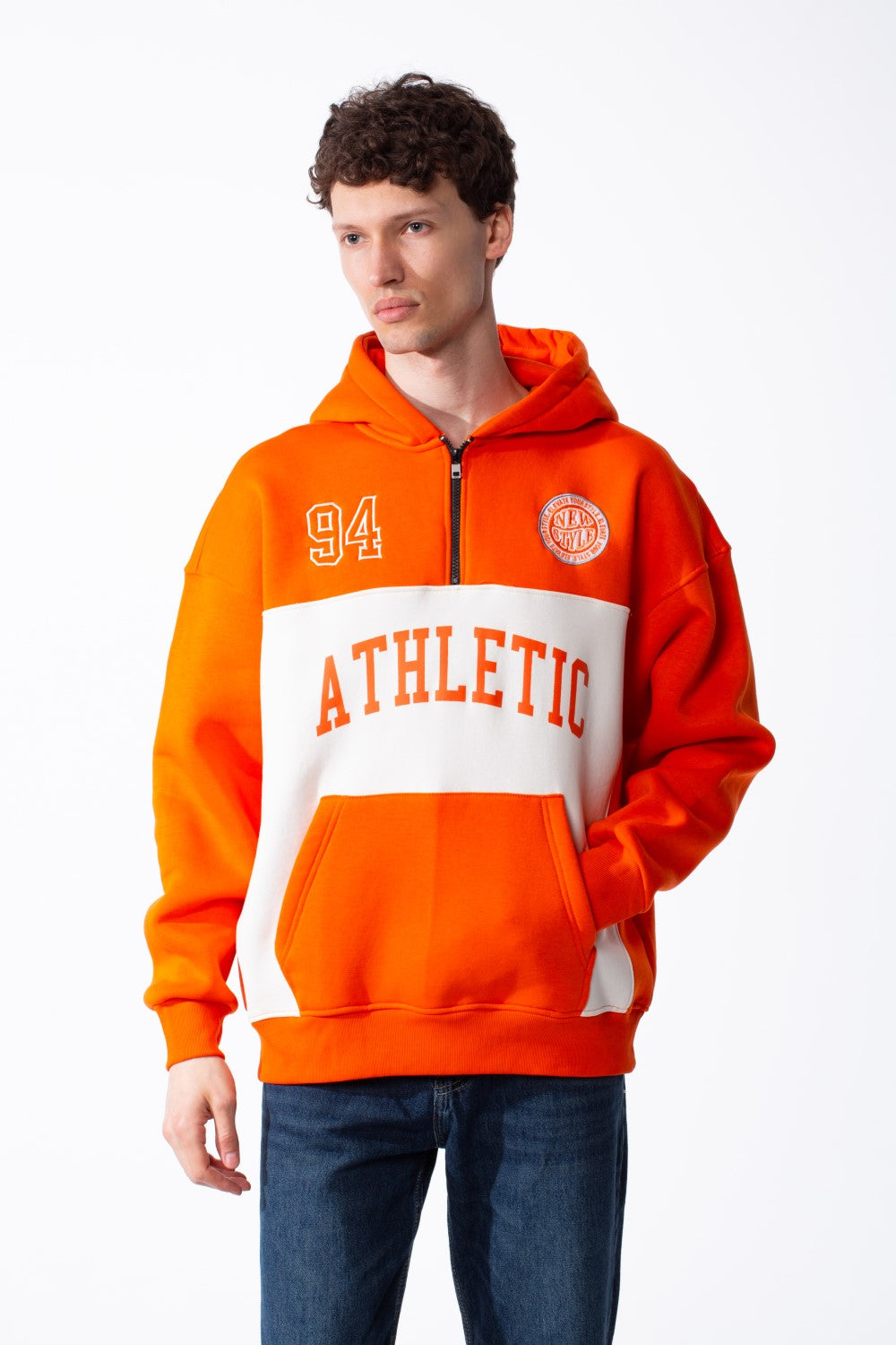 Men's Varsity Inspired Quarter Zip Bold Color Blocked Design Collegiate Style Graphics Mock-Neck Hood Kangaroo Pocket Over Sized Sweatshirt