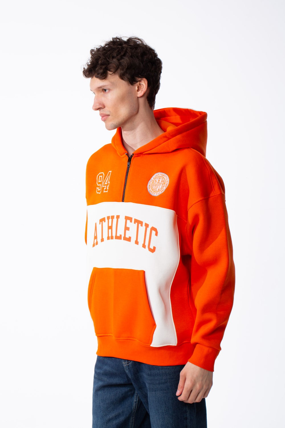 Men's Varsity Inspired Quarter Zip Bold Color Blocked Design Collegiate Style Graphics Mock-Neck Hood Kangaroo Pocket Over Sized Sweatshirt