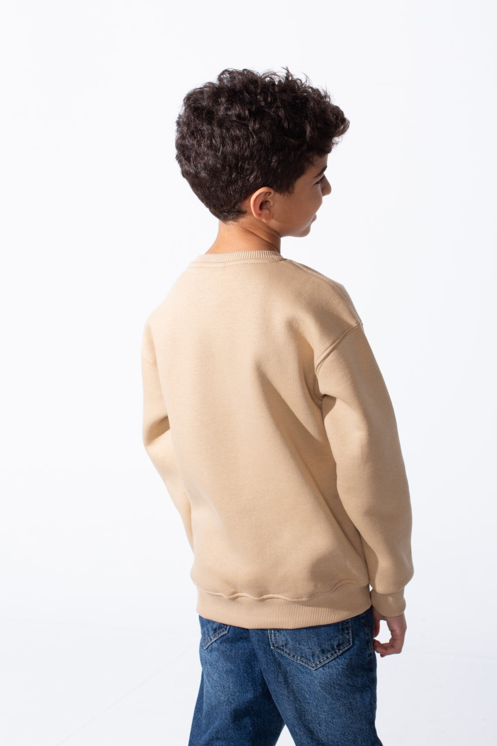 Boy's Ribbed Crew Neckline White Label Patch Dropped Shoulder Melton Slim Fit Sweatshirt