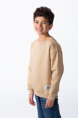 Boy's Ribbed Crew Neckline White Label Patch Dropped Shoulder Melton Slim Fit Sweatshirt