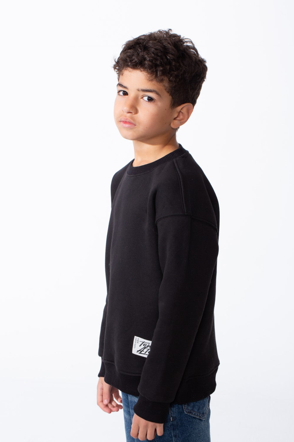 Boy's Ribbed Crew Neckline White Label Patch Dropped Shoulder Melton Slim Fit Sweatshirt