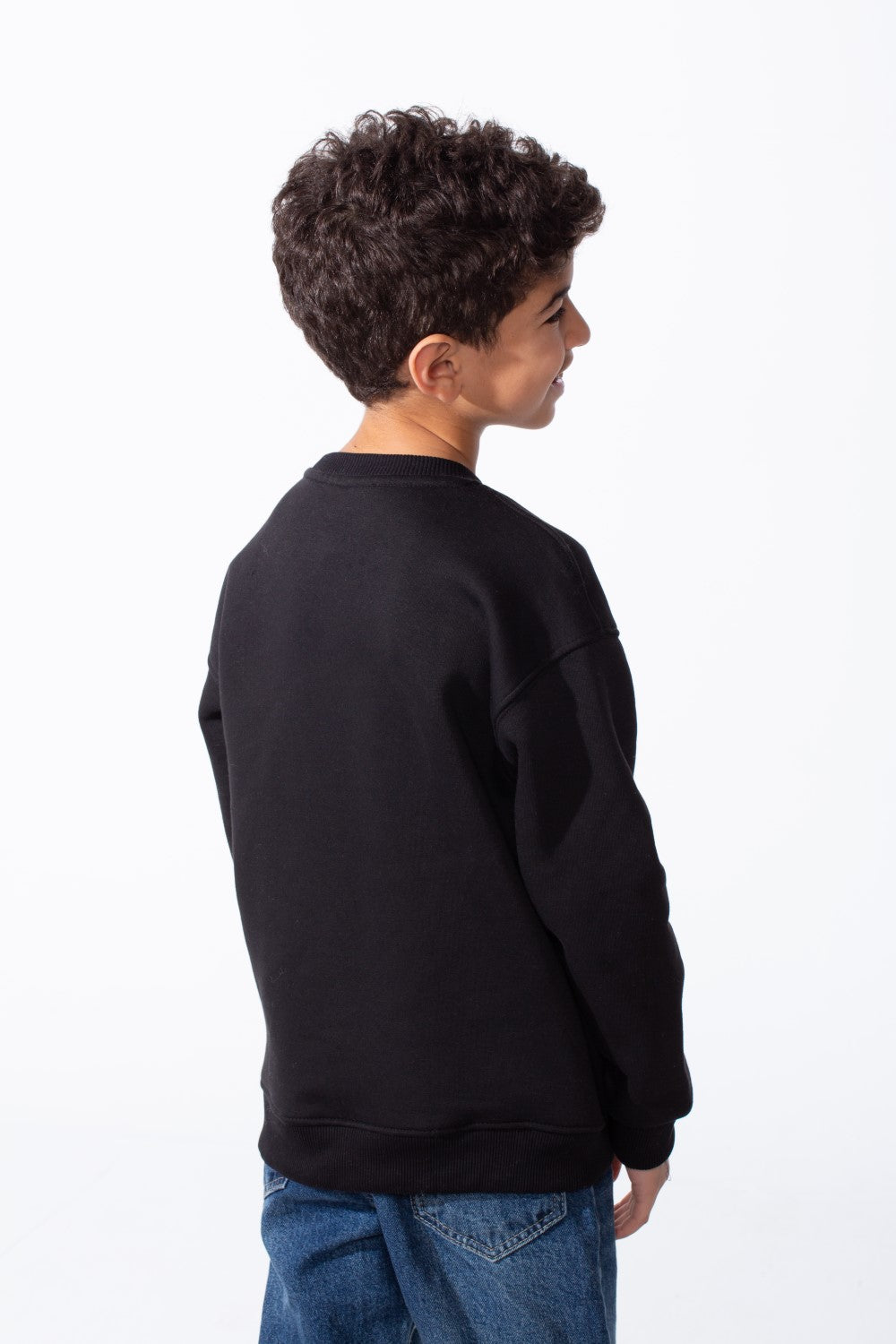 Boy's Ribbed Crew Neckline White Label Patch Dropped Shoulder Melton Slim Fit Sweatshirt