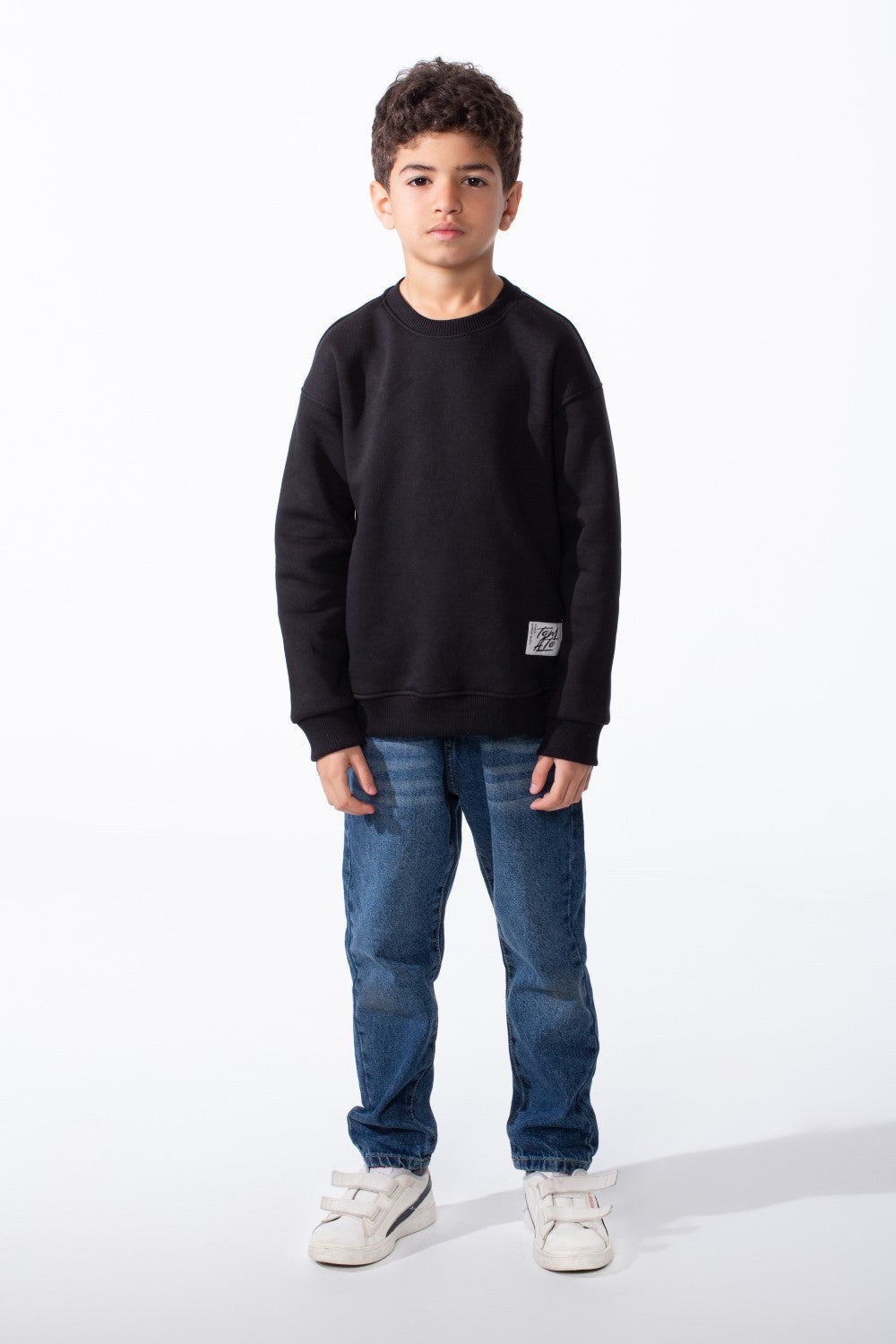 Boy's Ribbed Crew Neckline White Label Patch Dropped Shoulder Melton Slim Fit Sweatshirt
